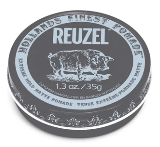 A round tin container of Reuzel hair pomade, with a dog's image and text describing the product and weight.