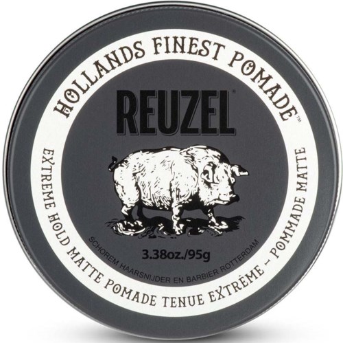 A round black and white tin of hair pomade with a boar illustration, containing 3.38 ounces of product.