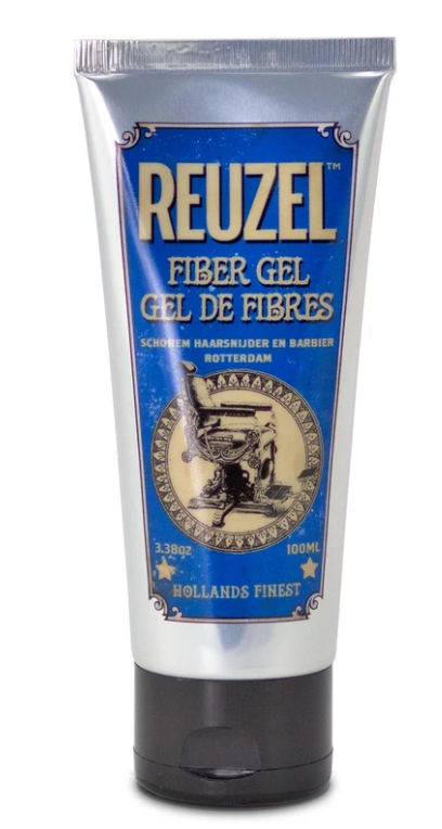 A tube of Reuzel Fiber Gel for hair styling, featuring blue and silver colors and a vintage barber shop logo.