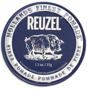 A round container of Reuzel, a hair pomade, with a blue lid and label showing a pig.