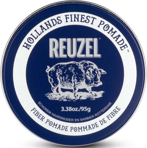 A round container with blue and white colors, shows a pig and text about fiber pomade and brand Reuzel.