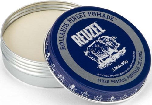 A circular blue tin with a bear logo and text, containing white hair pomade.