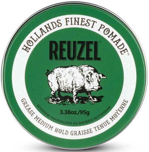 Green circular tin of Reuzel pomade with a pig illustration and text about hold strength and origin.