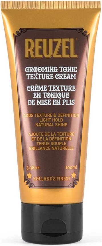 A gold and black tube of grooming tonic texture cream by Reuzel, 100ml, designed for hair texture and shine enhancement.