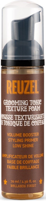 Reuzel Grooming Tonic Texture Foam for volume, shine, and styling, in a 70ml bottle with black and orange label.