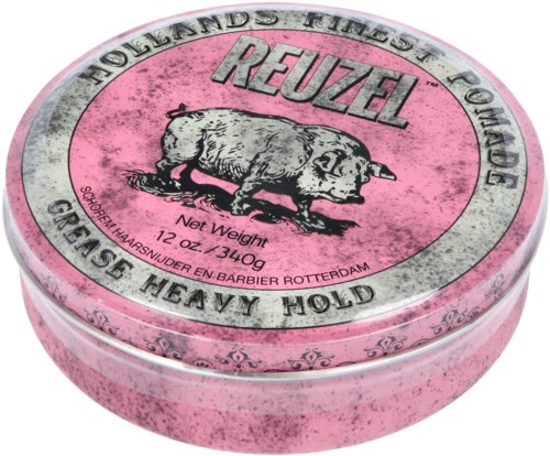 A pink tin container with a pig illustration, brand name 'Reuzel', and text about hair styling products and weight.