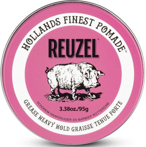 A pink round container with black and white text and a pig illustration, advertising heavy hold pomade from Holland.
