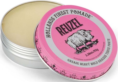 A round metal tin of Reuzel grease with a pink lid, showing a pig logo and product details.