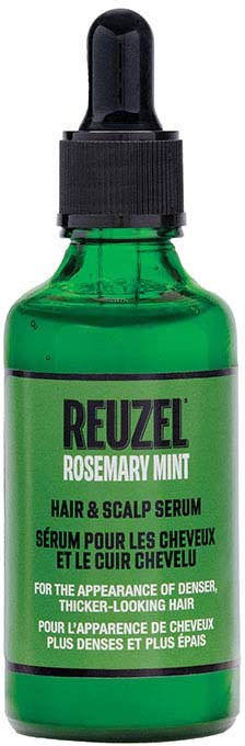 Grønn Revuzel Rosemary Mint hårserumflaske med dråpetut, viser produktetikett i svart og hvitt.
