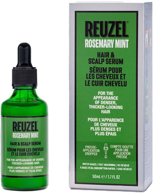 Grønn glassflaske med Reuzel Rosemary Mint hår- og hodebunnsserum med pipette, og emballasjeboks med produktdetaljer.