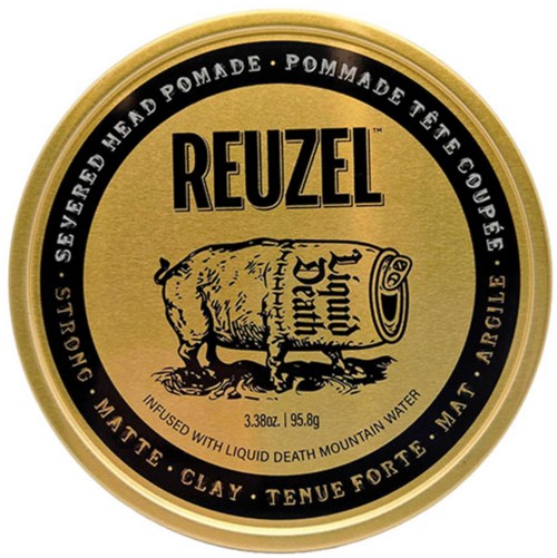A round gold-colored tin with black and gold label, showing a pig and a can of liquid death mountain water. 3.38 oz.
