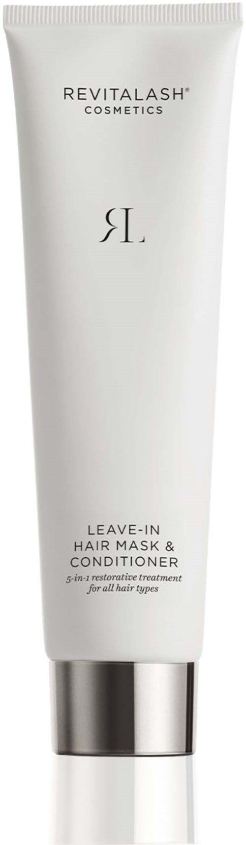 Hvit tube fra Revitalash Cosmetics Leave-In Hårmaske og Balsam med sølvhette, tekst i svart.