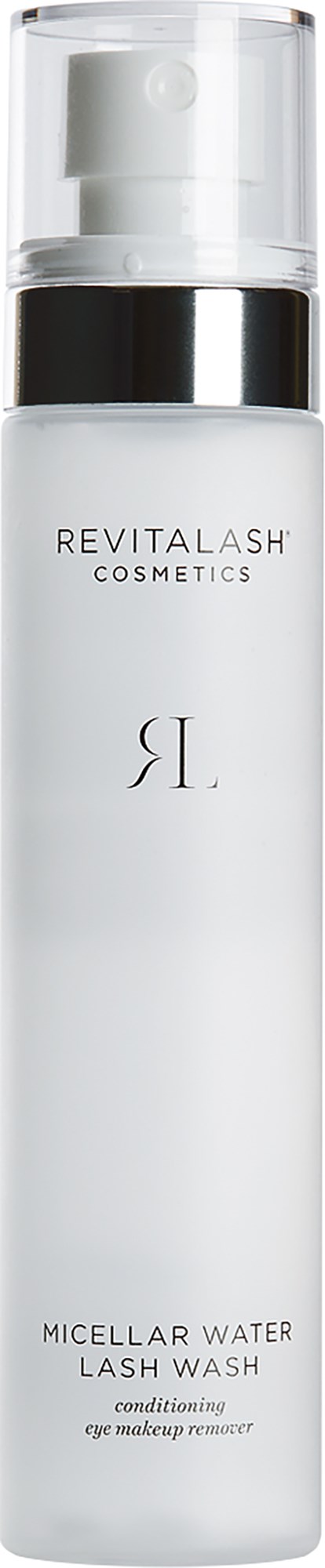 A white bottle with a clear cap and black lettering, labeled Revitalash Cosmetics Micellar Water Lash Wash.