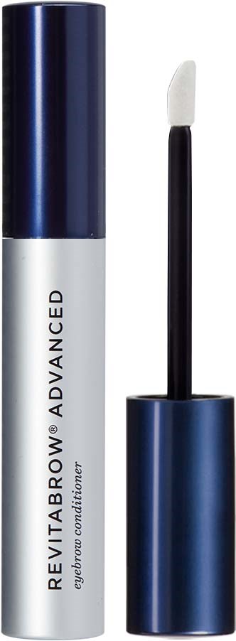 A tube labeled 'Revitabrow Advanced' with a white wand applicator. The tube is silver with a blue cap.
