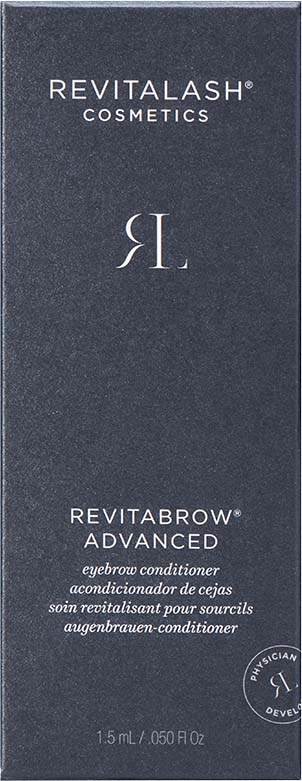 A dark grey box with white text says 'Revitalash Cosmetics' and 'RevitaBrow Advanced' for eyebrow conditioner.