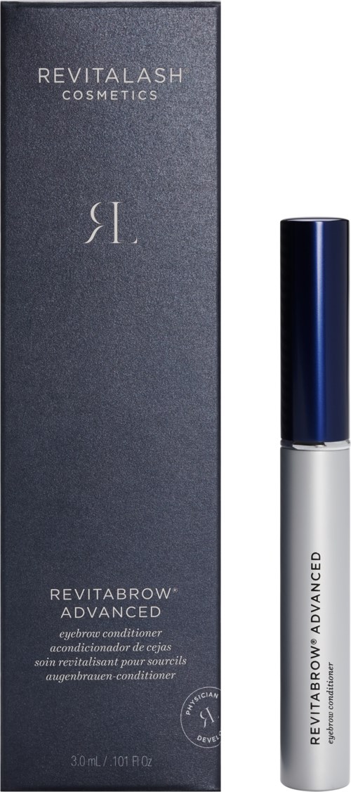 A dark blue box and a white and blue eyebrow conditioner tube stand next to each other.