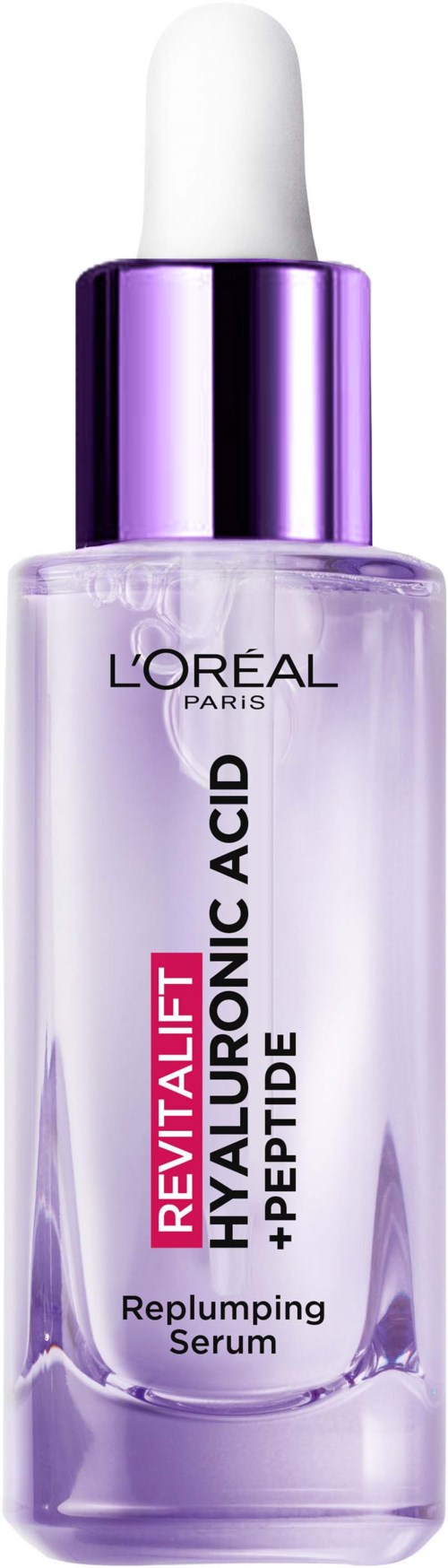 Eine klare Glasflasche mit lila Verschluss enthält ein Hautverjüngungsserum von L'Oréal Paris.