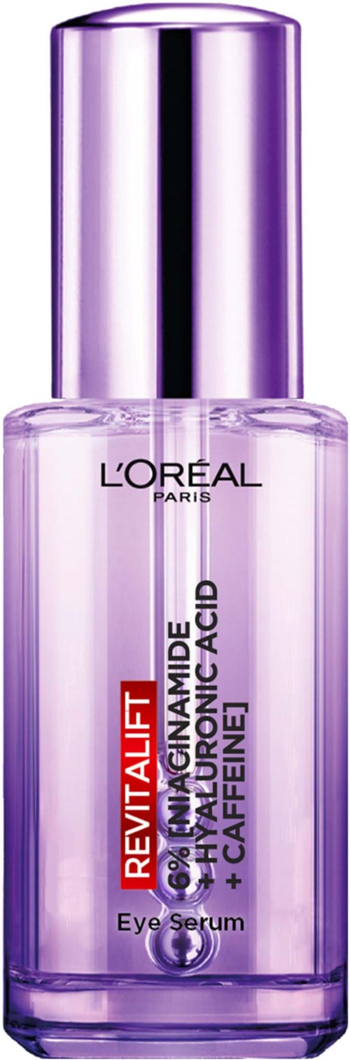 L'Oreal Revitalift eye serum bottle with a purple cap and clear purple liquid inside.