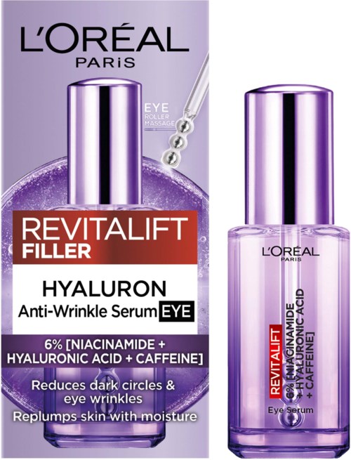 L'Oréal Revitalift Filler Hyaluron anti-wrinkle eye serum bottle with purple cap and label.