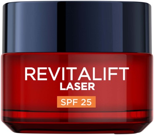 Ein roter Behälter mit der Aufschrift Revitalift Laser SPF 25, mit schwarzem Deckel, für Hautpflege.