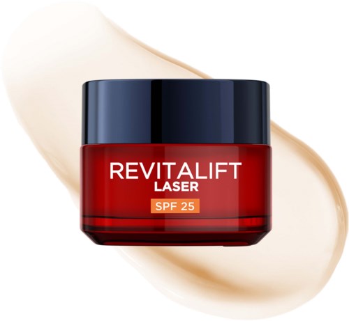 Ein roter Behälter mit Revitalift Laser Creme mit SPF 25 vor einem hellen cremefarbenen Hintergrund.