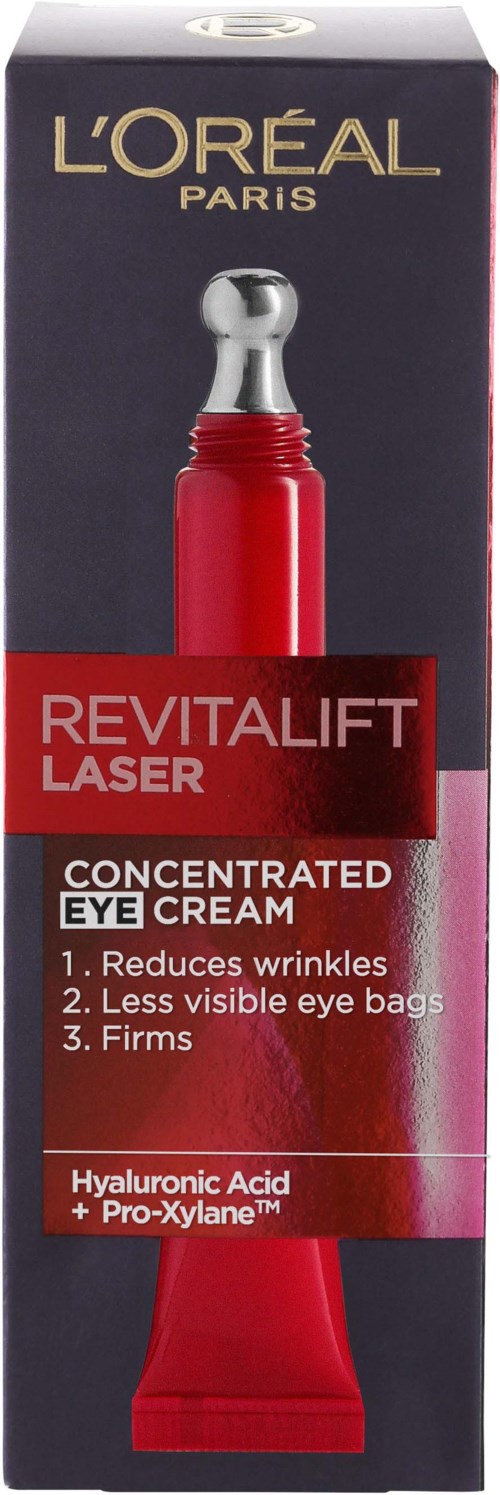 Verpackung von L'Oréal Revitalift Laser Augencreme mit Vorteilen: reduziert Falten, weniger sichtbare Augenringe, strafft die Haut.