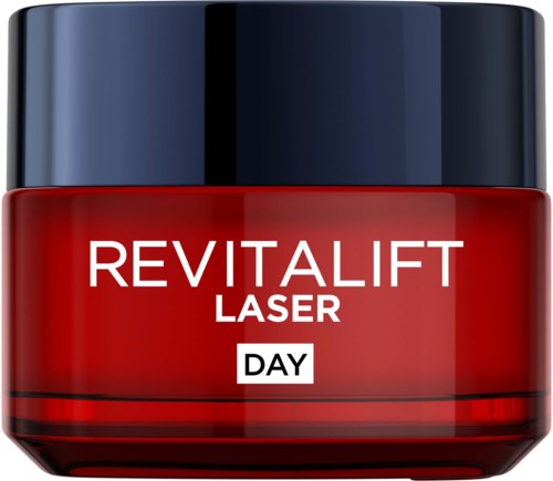 Ein roter Behälter mit dunklem blauen Deckel, gekennzeichnet Revitalift Laser Day.