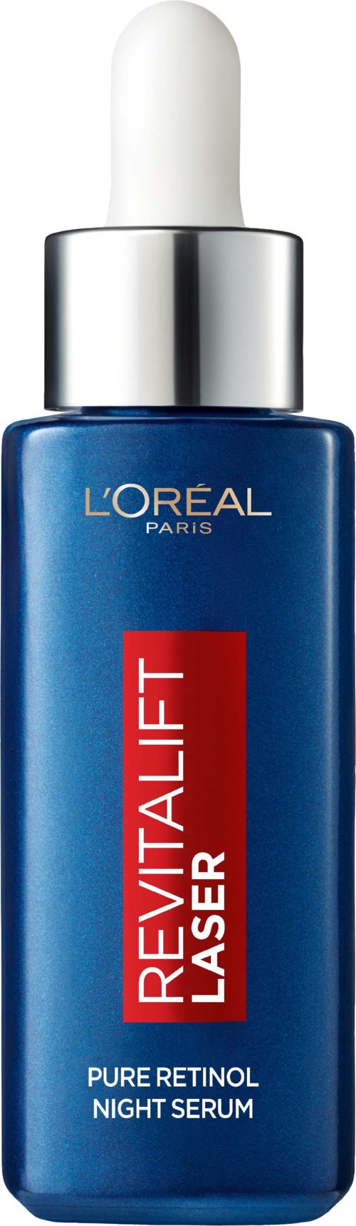 L'Oreal Revitalift Laser nachtserum in een blauwe fles met een witte pipet.