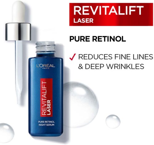 Een blauw serumfles met pipet, belooft fijne lijntjes en diepe rimpels te verminderen. Tekst benadrukt de belangrijkste functies.