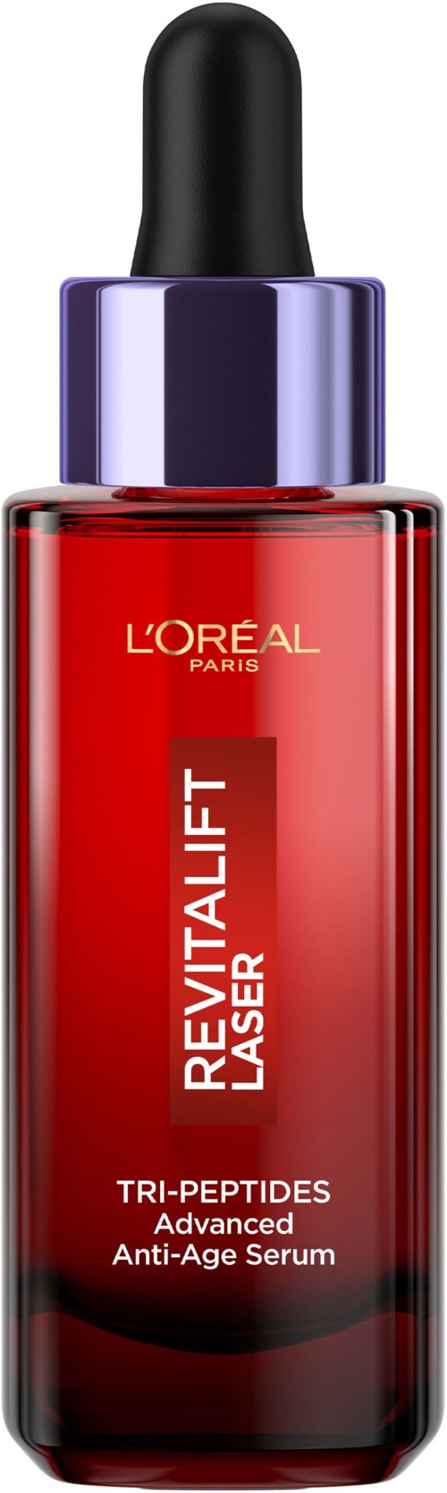 Rote Serumflasche mit schwarzem Tropfer, beschriftet L'Oreal Revitalift Laser, für Anti-Aging-Hautpflege.