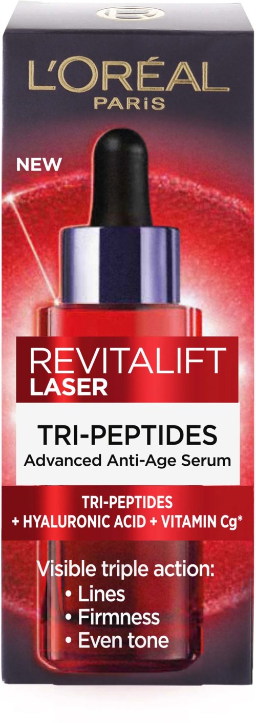 Eine Packung L'Oreal Revitalift Laser Serum. Es zeigt eine Tropfflasche, die gegen Alterung wirkt mit Inhaltsstoffen wie Hyaluronsäure.