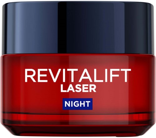 Een rode pot met een zwarte deksel met het label Revitalift Laser Night. Het is een huidverzorgingsproduct voor de nacht.