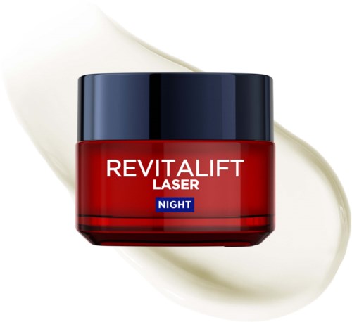 Rode pot met Revitalift Laser nachtcrème met zwarte deksel en witte achtergrond.