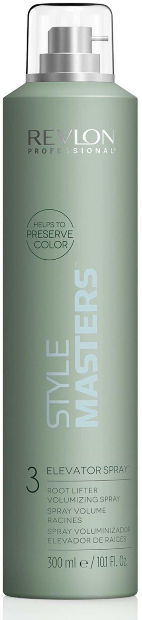 Een lange groene bus met zilveren spraydop, labeled Revlon Style Masters Elevator Spray, 300 ml, voor haarvolume.