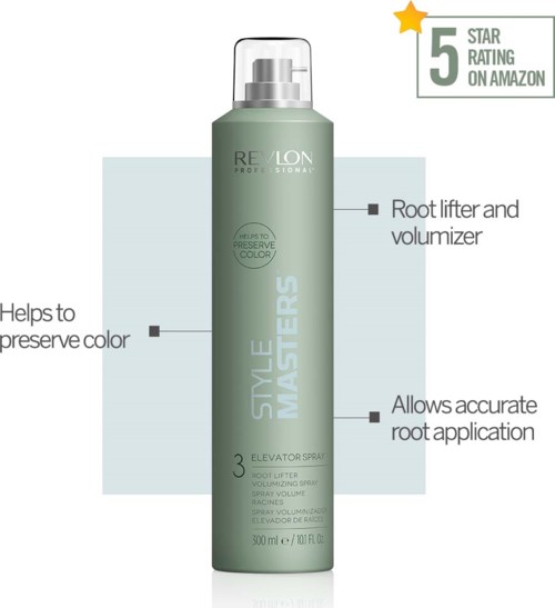 Een groene haarlakfles met spraydop, met label 'STYLE MASTERS'. Het helpt kleur te behouden en roots nauwkeurig aan te brengen.