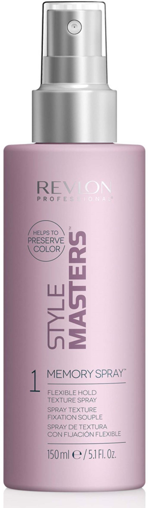 Eine rosa Flasche mit silbernem Sprühkopf für Haarstyling, beschriftet 'Revlon Style Masters Memory Spray.'