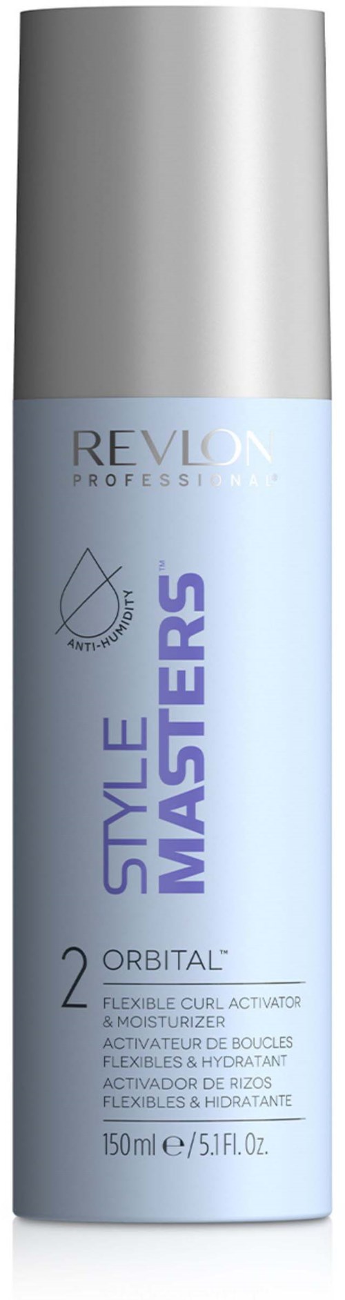 Revlon Haarstyling-Produkt, blauer und silberner Spray, gekennzeichnet 'Style Masters', für einfache Lockenaktivierung und Feuchtigkeitsversorgung.