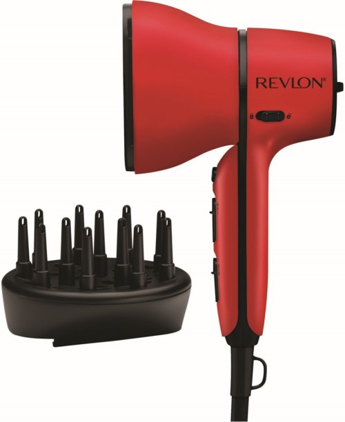 Een rode Revlon haardroger met een zwarte standaard voor stylingaccessoires.