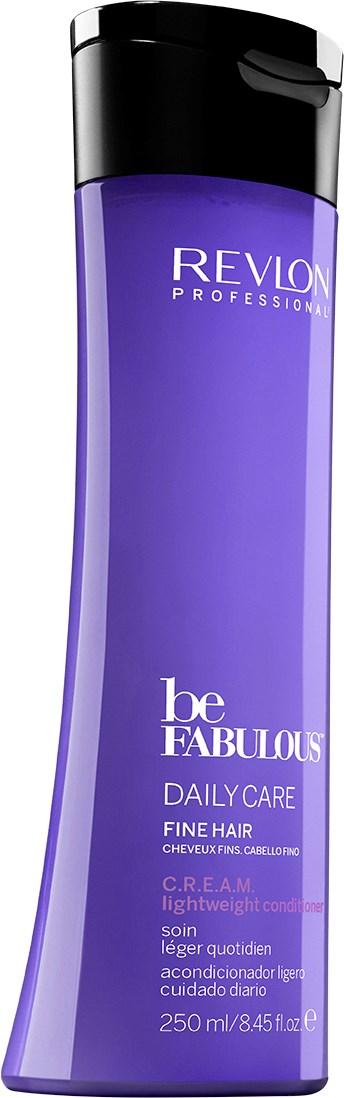 Eine lange, gebogene lila Flasche mit schwarzem Deckel, gekennzeichnet Revlon Be Fabulous Daily Care für feines Haar.