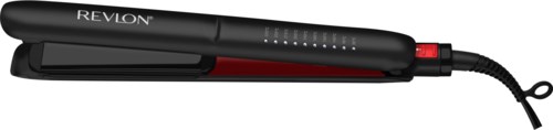 Een zwarte Revlon-straightener met rode en zwarte delen, met stroomkabel en temperatuurindicatorlampjes.