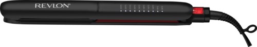 Een zwarte Revlon stijltang met een rode handgreep en een gekrulde kabel, bedoeld voor haarstyling.
