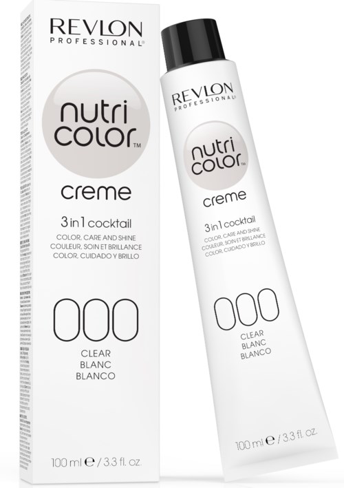 En vit flaska och förpackning av Revlon Nutri Color Creme hårfärg, märkt som 3-i-1 för färg, vård och glans.