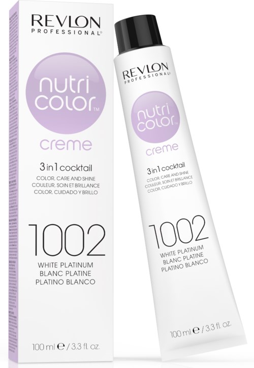 En låda och tub av Revlon Nutri Color Creme, en hårfärgningsvårdsprodukt, i ljuslila och vitt förpackning.
