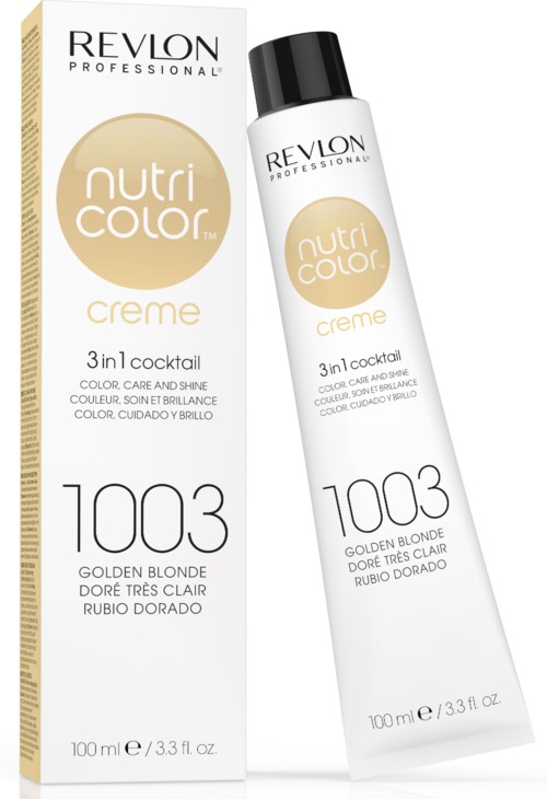 En hårfärgningskräm från Revlon, märkt Nutri Color, i nyansen 1003, guldig blond, 100 ml tub och förpackning.