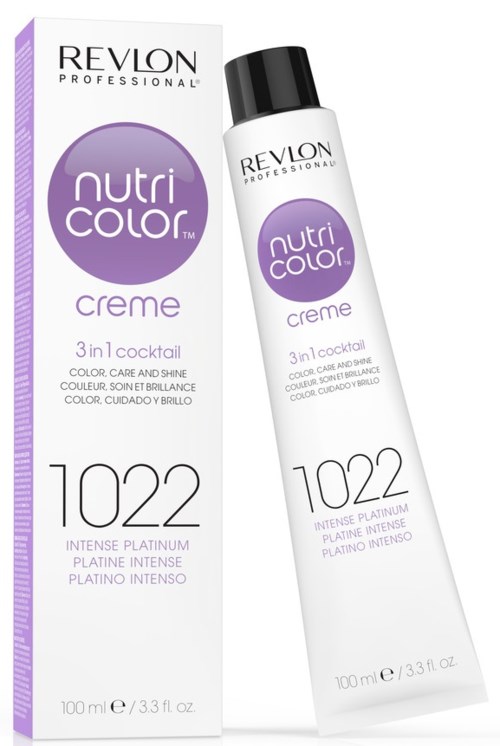 Låda och tub med Revlon Nutri Color Creme hårfärg i lila, med produkt- och varuinformation.
