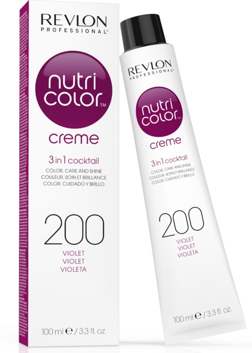 En flaska Revlon NutriColor Creme i violett färg med box, märkt som 3-i-1-hårfärgsprodukt.