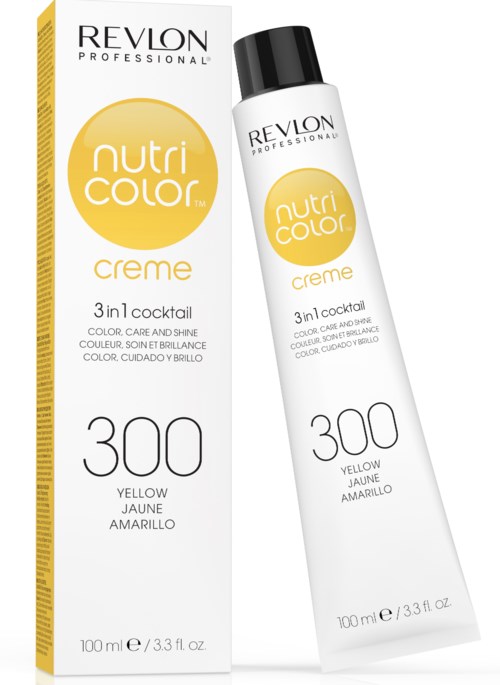 En hårfärgningsprodukt kallad Revlon Nutri Color Creme i gult, med ett matchande rör och förpackning, numrerad 300 för gult.