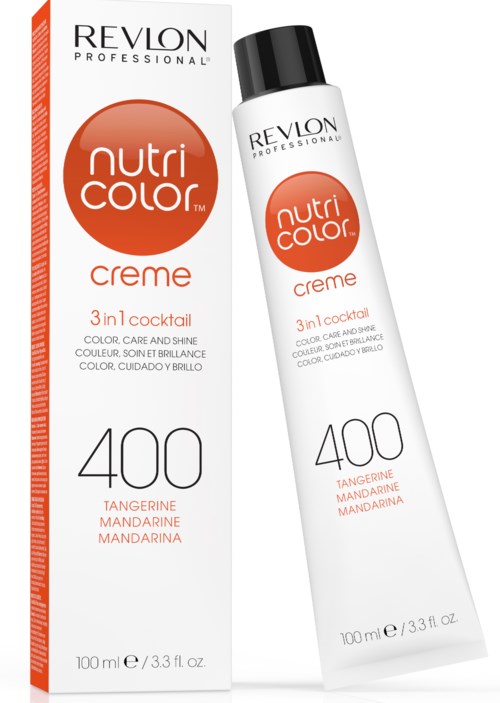 En flaska Revlon Nutri Color Creme hårfärg med orange förpackning, märkt för tangerinefärg, 100 ml.