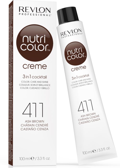 En box och tub med Revlon Nutri Color Creme hårfärg i askbrun, med 3-i-1 färg, vård och glans.