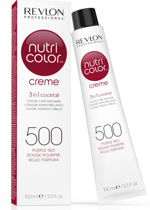En box och tub med Revlon Nutri Color Creme hårfärg i lila röd, 100 ml, för färgning och glans av håret.